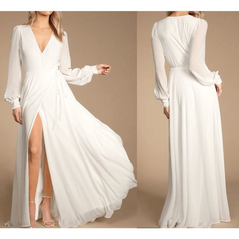 Lulu's White Long Sleeve Wrap Dress M